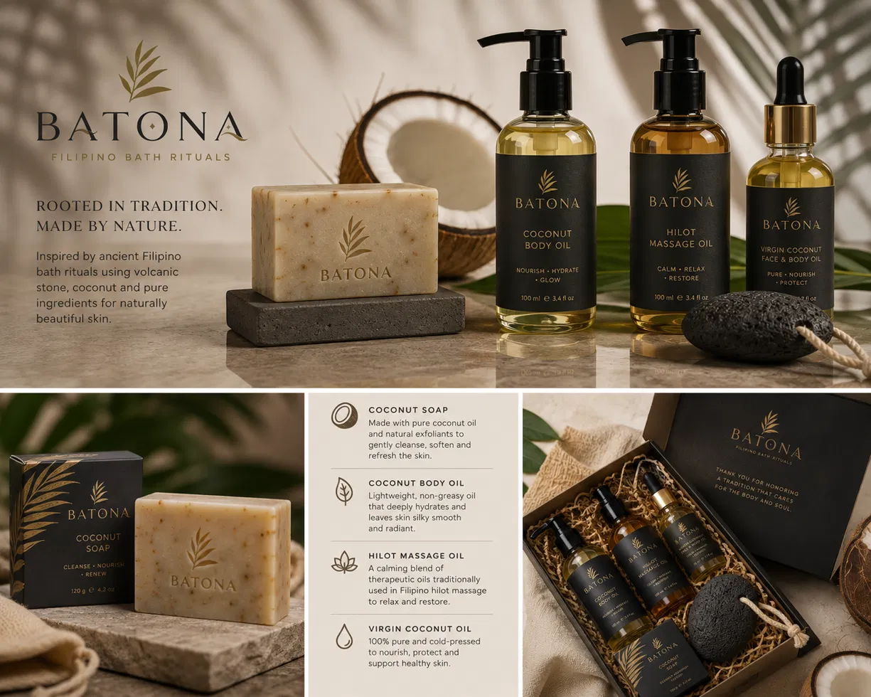 Batona coconut soap, body oils, and volcanic pumice stone gift set